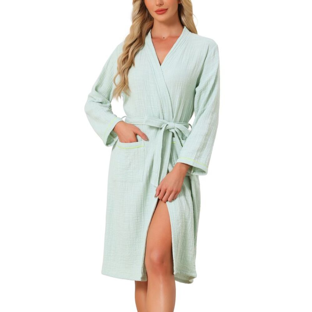 Womens Casual Soft Cotton Robes Long Sleeves Bathrobe Green